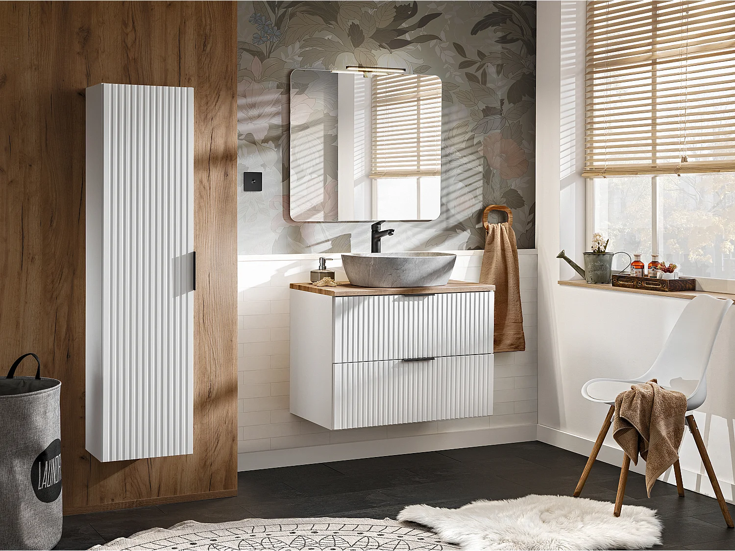Wall Hung Vanity Unit 800mm Bathroom Cabinet with Drawer Ribbed Fluted White with Oak Effect Countertop Adel