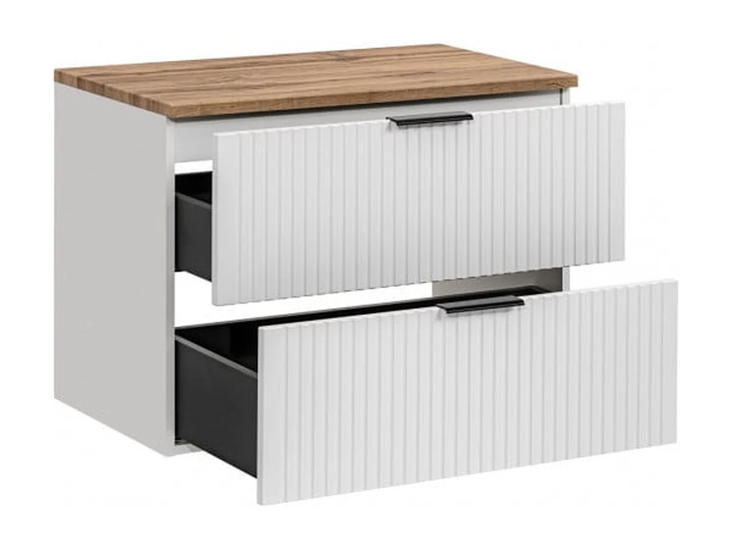 Wall Hung Vanity Unit 800mm Bathroom Cabinet with Drawer Ribbed Fluted White with Oak Effect Countertop Adel