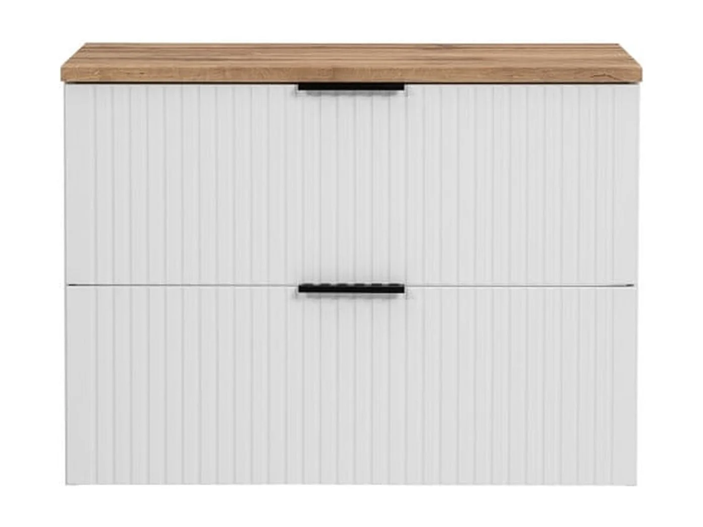 Wall Hung Vanity Unit 800mm Bathroom Cabinet with Drawer Ribbed Fluted White with Oak Effect Countertop Adel