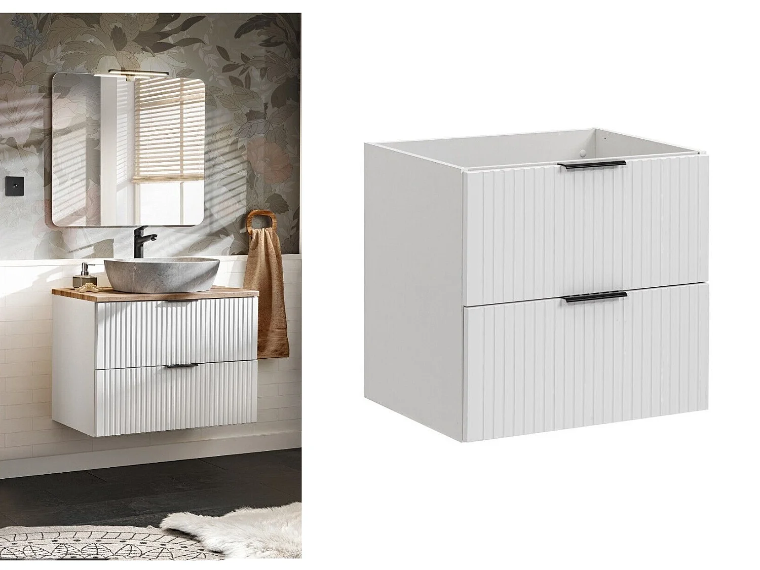 Bathroom Vanity Unit 600mm White Cabinet Modern Wall Hung Floating Drawers Ribbed Fluted Adel