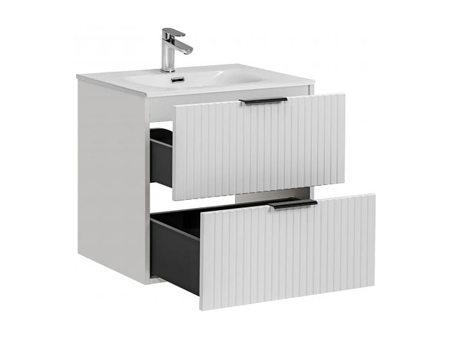 Bathroom Vanity Unit 600mm White Cabinet Modern Wall Hung Floating Drawers Ribbed Fluted Adel