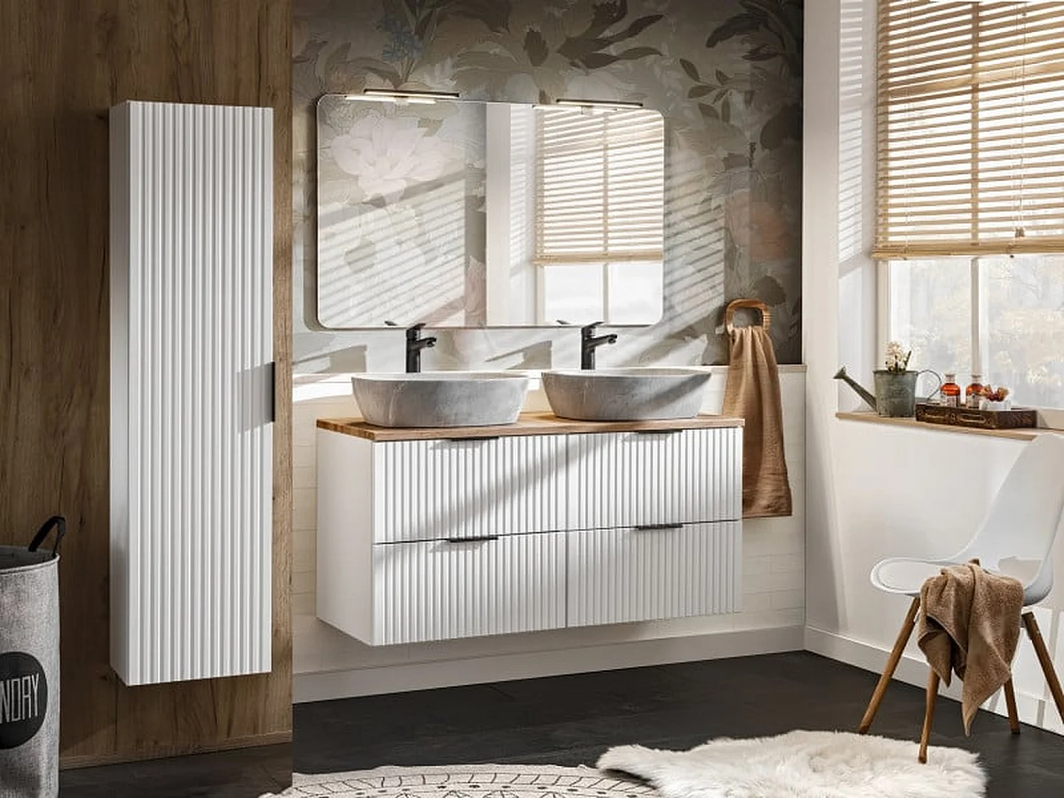 Bathroom Vanity Unit 600mm White Cabinet Modern Wall Hung Floating Drawers Ribbed Fluted Adel