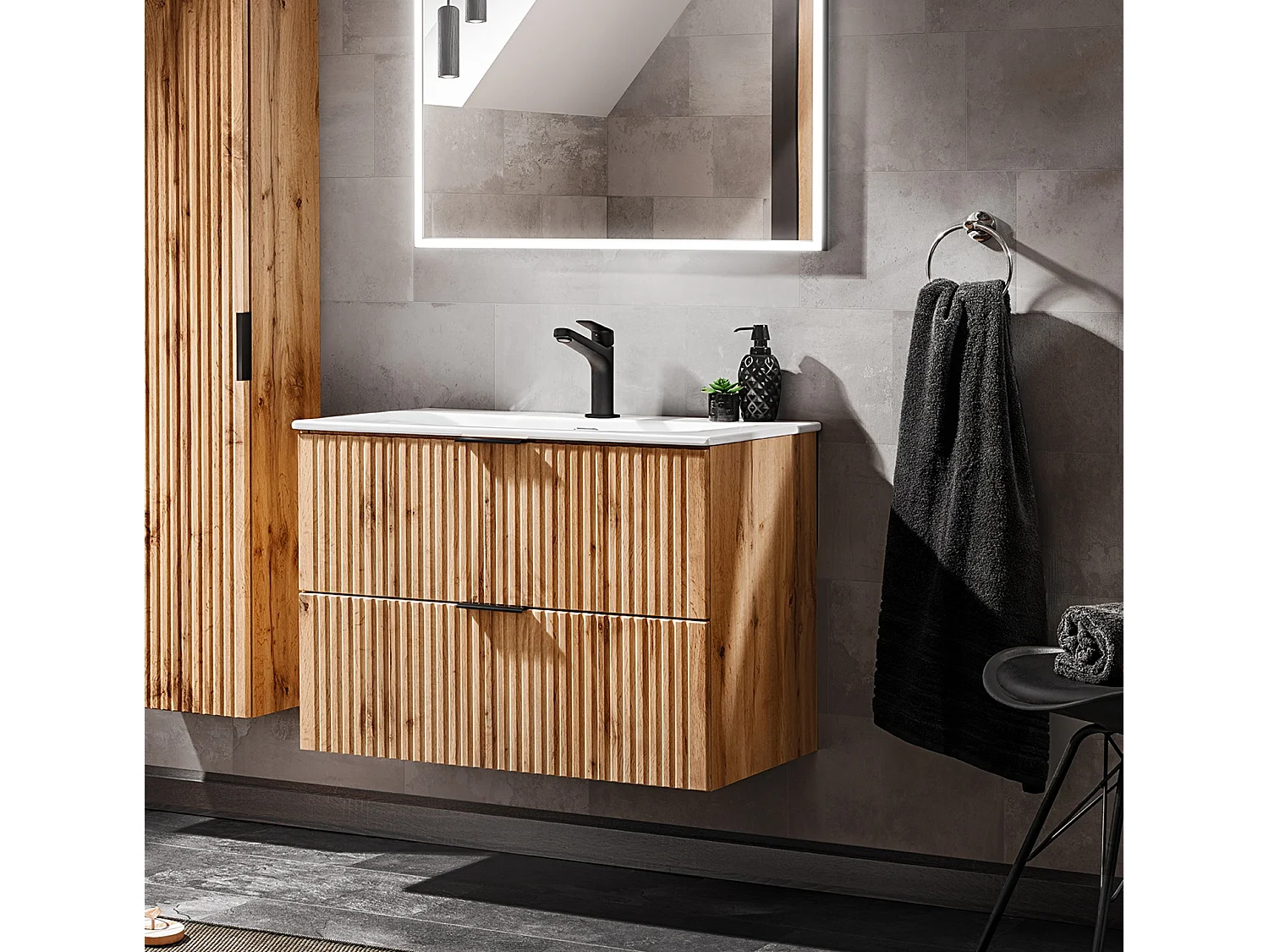 Vanity Unit with Basin 600mm Wall Hung Bathroom Sink Cabinet Oak Effect Ribbed Fluted Drawers Adel