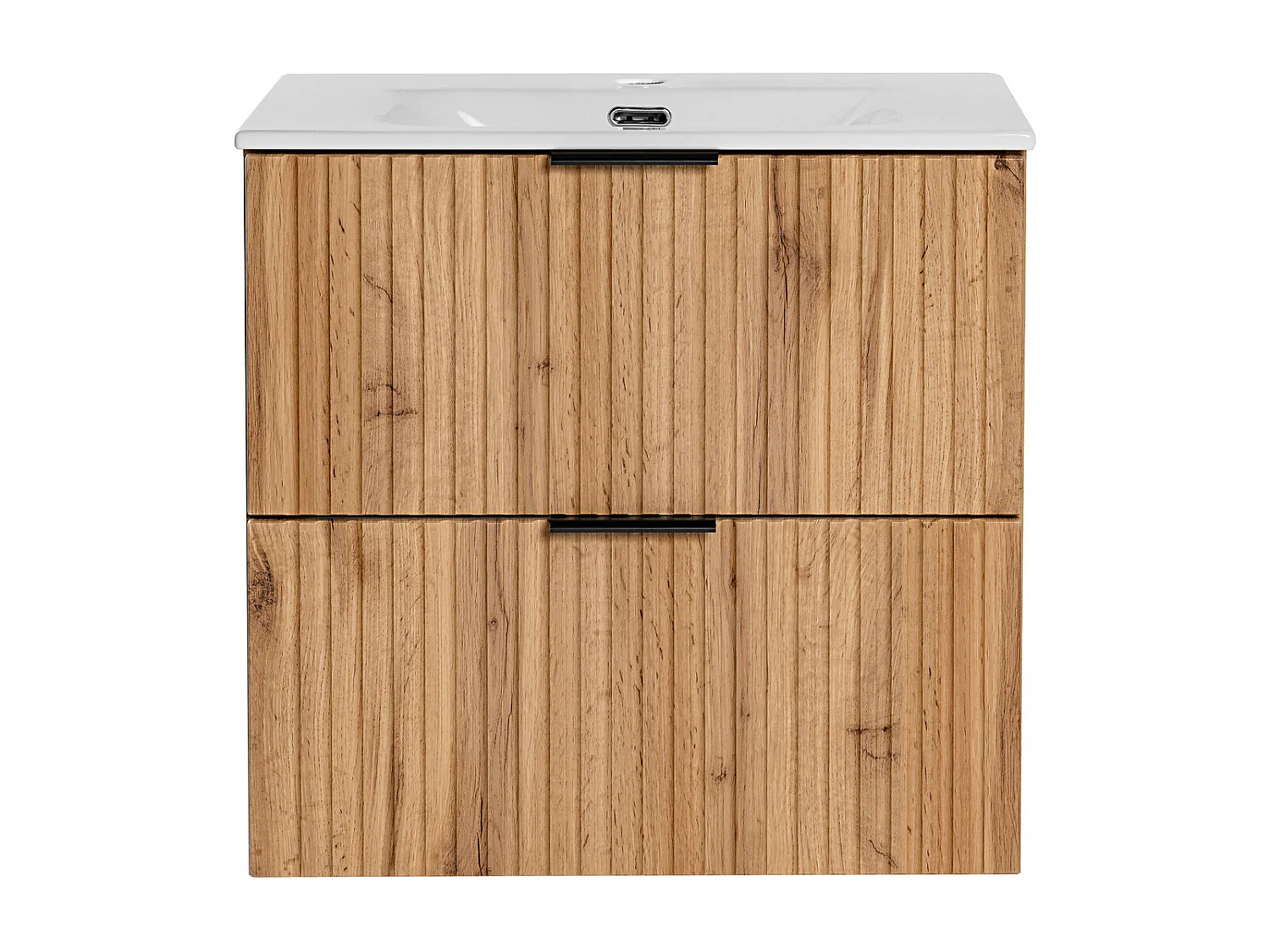 Vanity Unit with Basin 600mm Wall Hung Bathroom Sink Cabinet Oak Effect Ribbed Fluted Drawers Adel