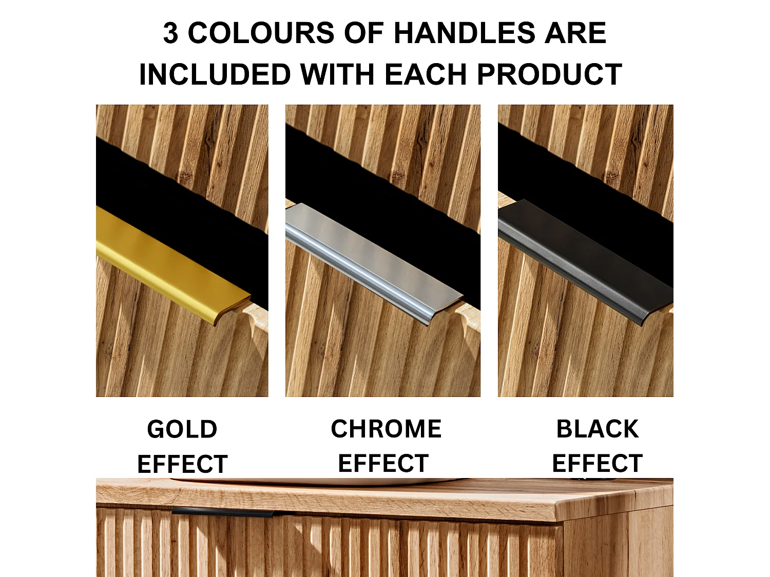 Vanity Unit with Basin 600mm Wall Hung Bathroom Sink Cabinet Oak Effect Ribbed Fluted Drawers Adel