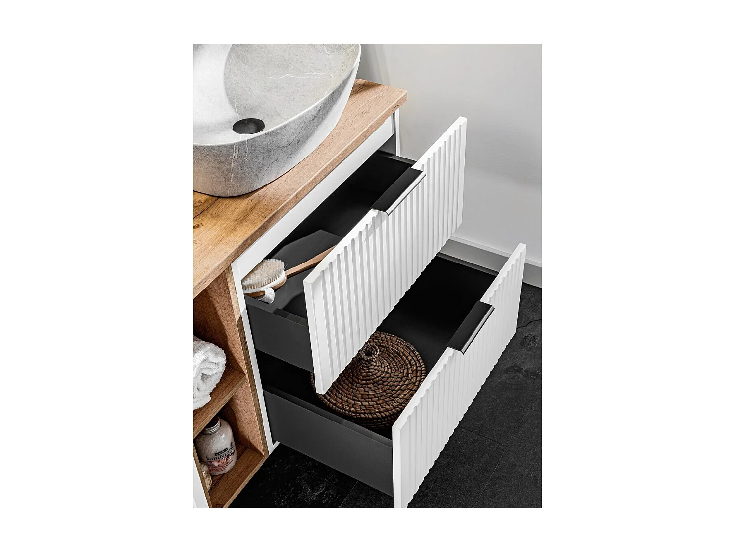 Bathroom Vanity Unit with Sink Basin 600mm Ribbed Fluted White Modern Wall Hung Cabinet with Drawers Adel