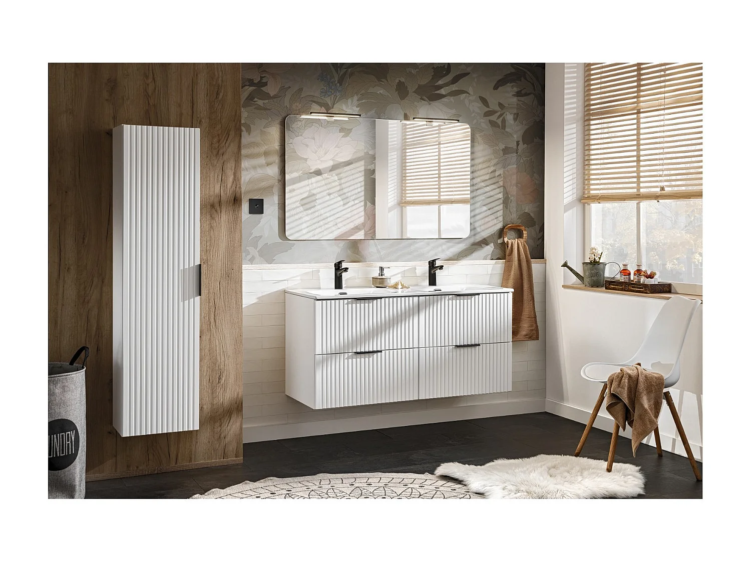 Bathroom Vanity Unit with Sink Basin 600mm Ribbed Fluted White Modern Wall Hung Cabinet with Drawers Adel