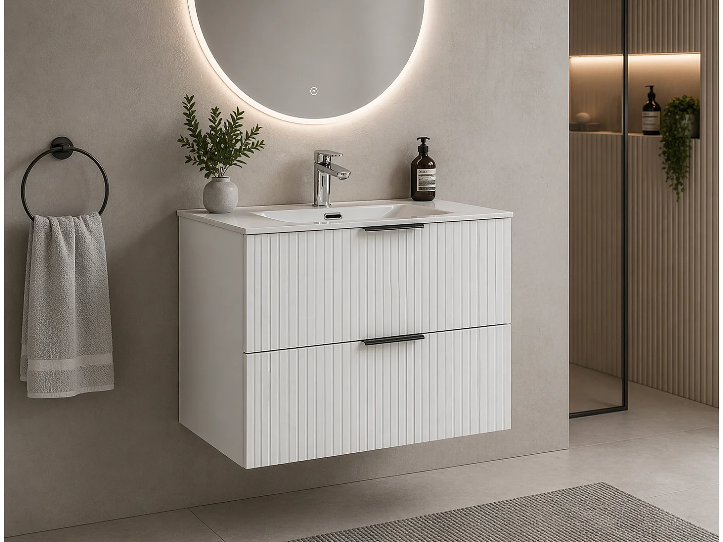 Bathroom Vanity Unit with Sink Basin 600mm Ribbed Fluted White Modern Wall Hung Cabinet with Drawers Adel