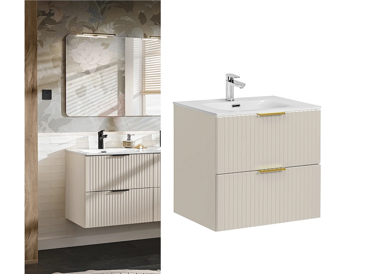 Bathroom Vanity Unit with Sink Basin 600mm Ribbed Fluted Beige Cashmere Modern Wall Hung Cabinet with Drawers Adel