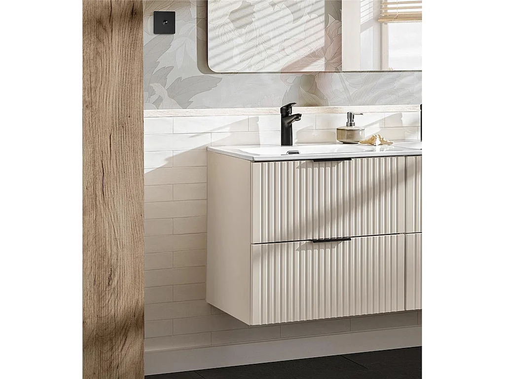 Bathroom Vanity Unit with Sink Basin 600mm Ribbed Fluted Beige Cashmere Modern Wall Hung Cabinet with Drawers Adel