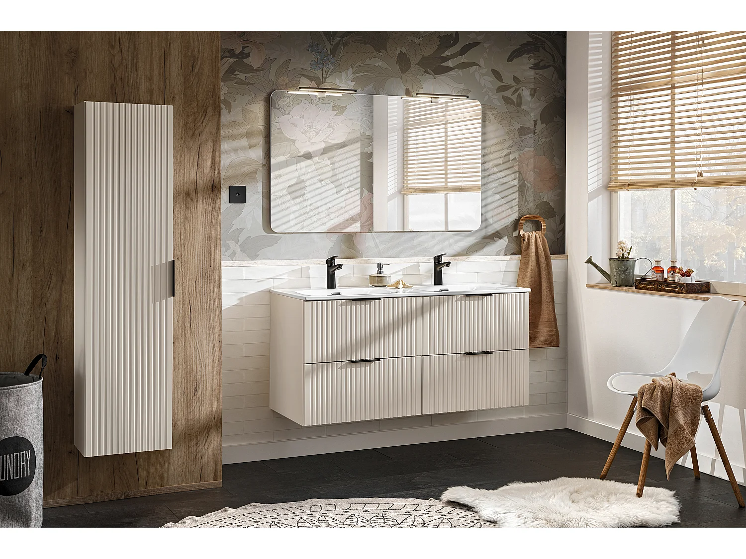 Bathroom Vanity Unit with Sink Basin 600mm Ribbed Fluted Beige Cashmere Modern Wall Hung Cabinet with Drawers Adel