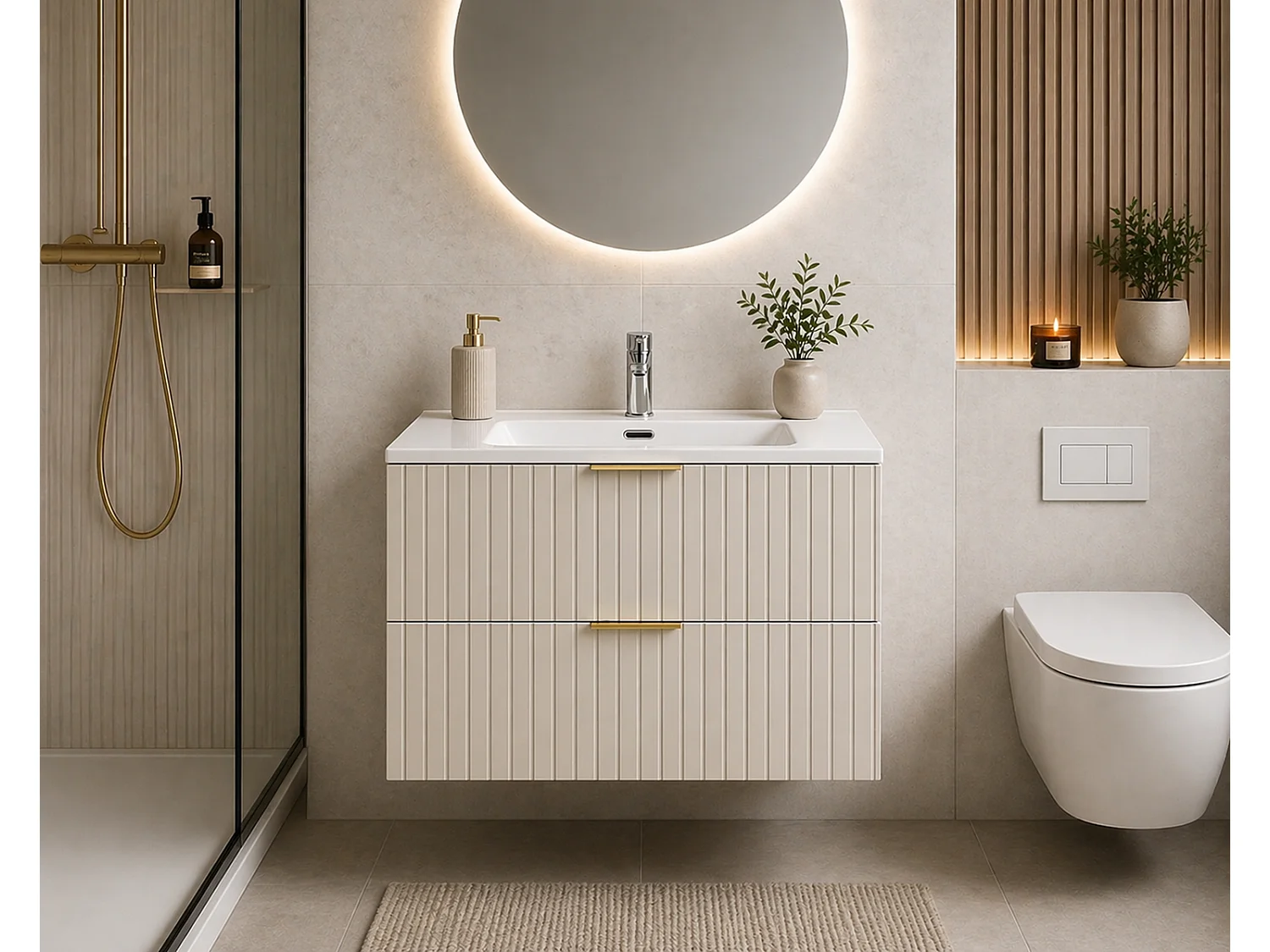 Bathroom Vanity Unit with Sink Basin 600mm Ribbed Fluted Beige Cashmere Modern Wall Hung Cabinet with Drawers Adel