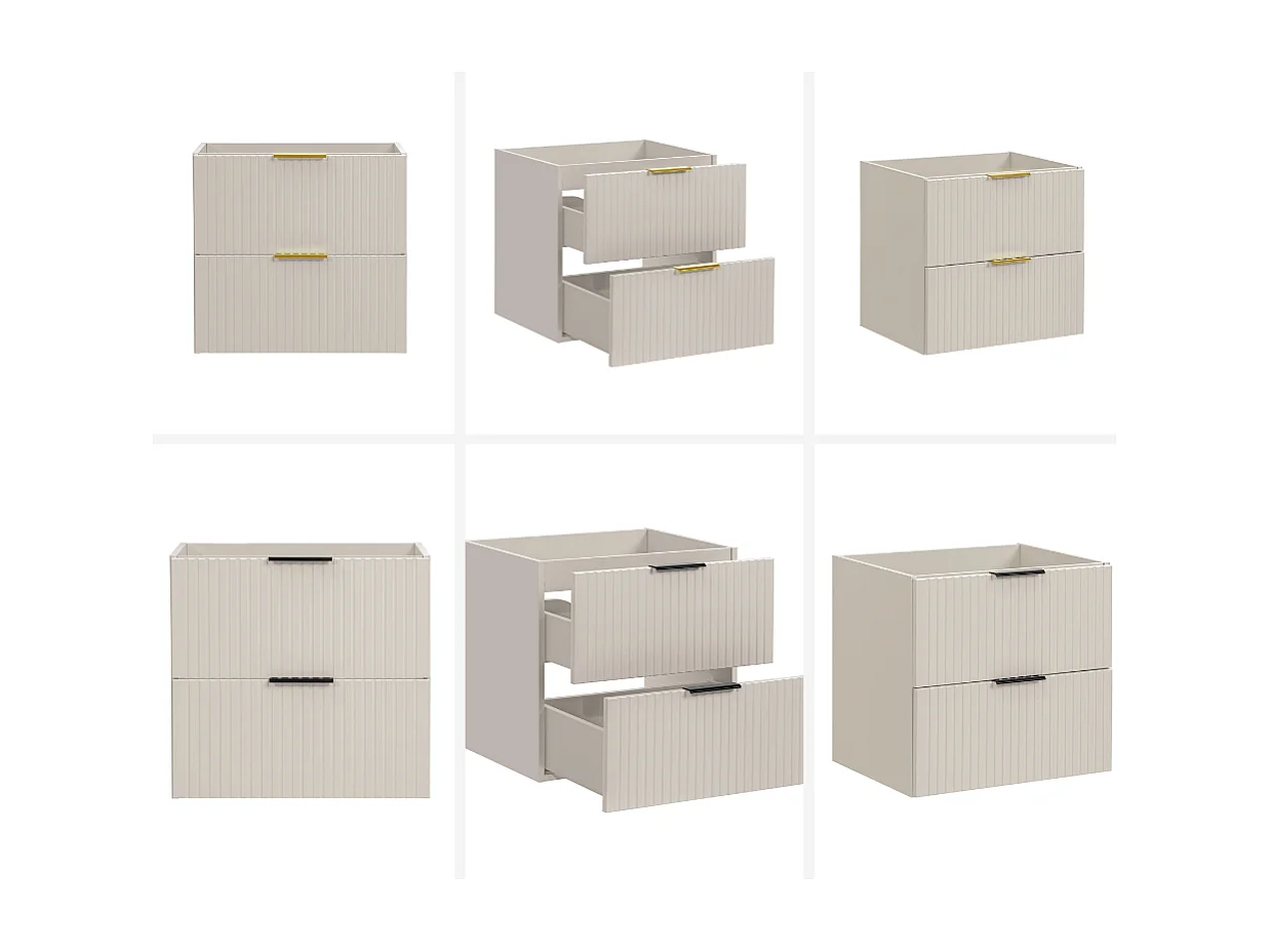 Bathroom Vanity Unit with Sink Basin 600mm Ribbed Fluted Beige Cashmere Modern Wall Hung Cabinet with Drawers Adel