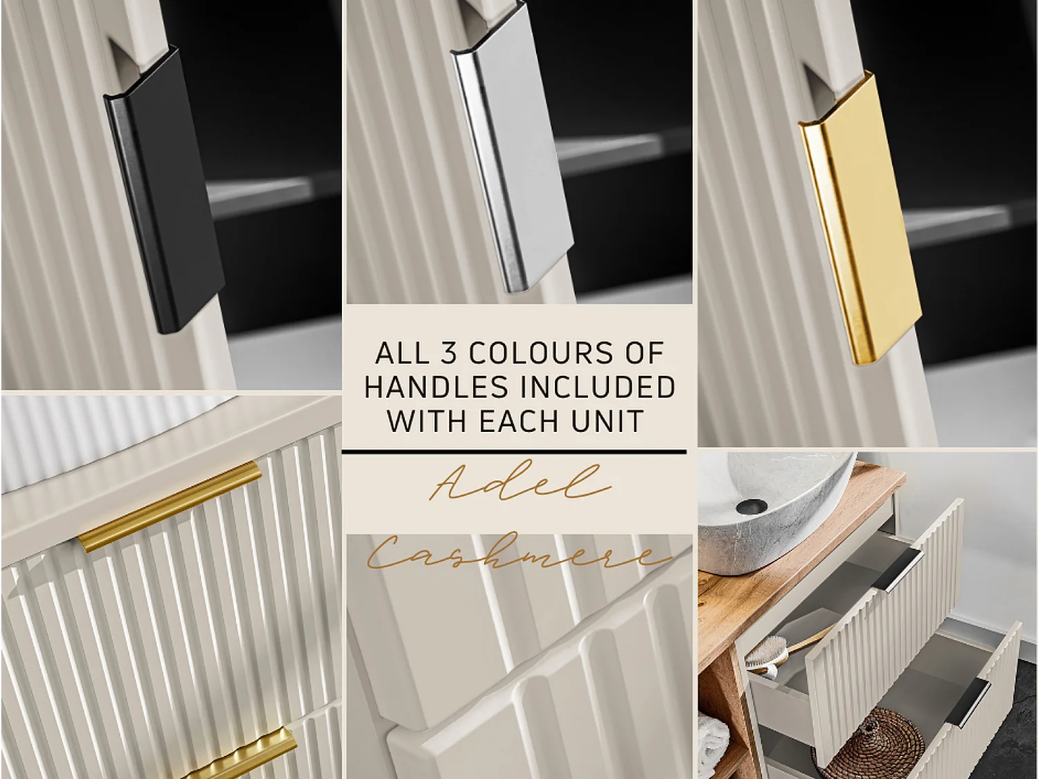 Bathroom Vanity Unit with Sink Basin 600mm Ribbed Fluted Beige Cashmere Modern Wall Hung Cabinet with Drawers Adel
