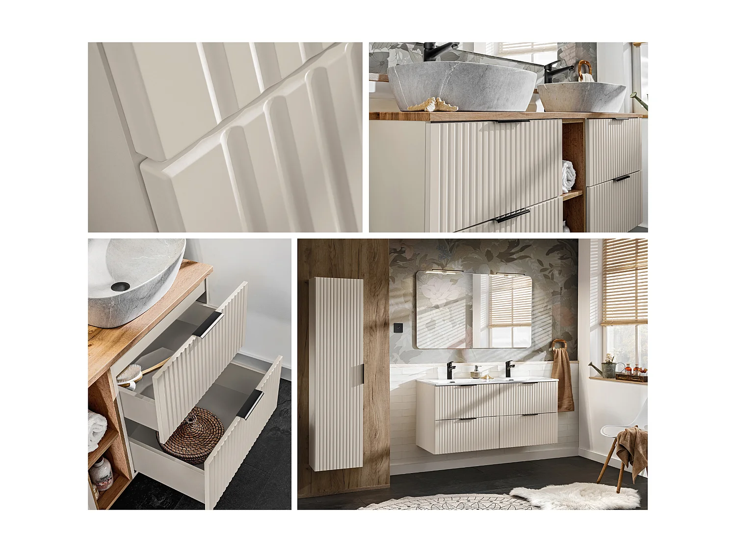 Bathroom Vanity Unit with Sink Basin 600mm Ribbed Fluted Beige Cashmere Modern Wall Hung Cabinet with Drawers Adel