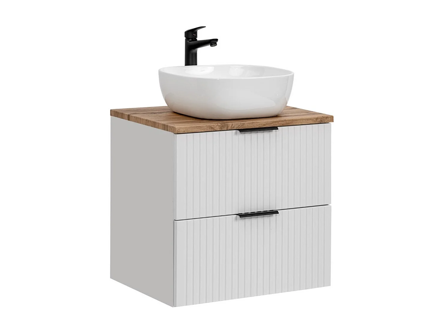 Bathroom Vanity Sink Unit 600mm Countertop Wall Cabinet Ribbed Fluted White Drawers Oak Effect Worktop Adel