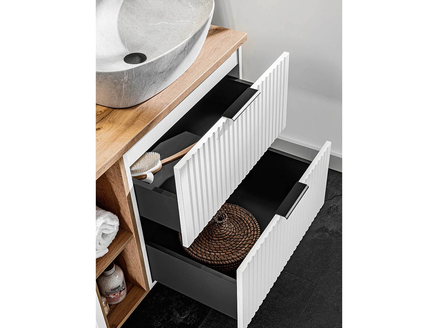 Bathroom Vanity Sink Unit 600mm Countertop Wall Cabinet Ribbed Fluted White Drawers Oak Effect Worktop Adel