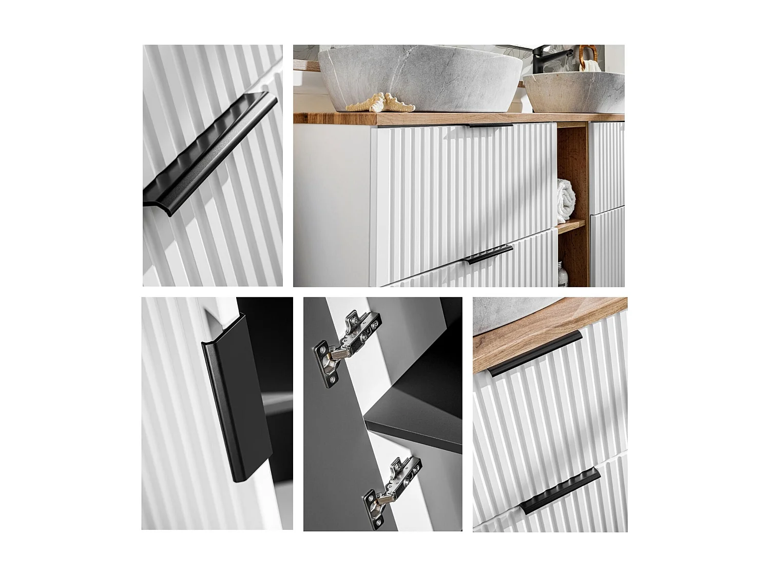 Bathroom Vanity Sink Unit 600mm Countertop Wall Cabinet Ribbed Fluted White Drawers Oak Effect Worktop Adel