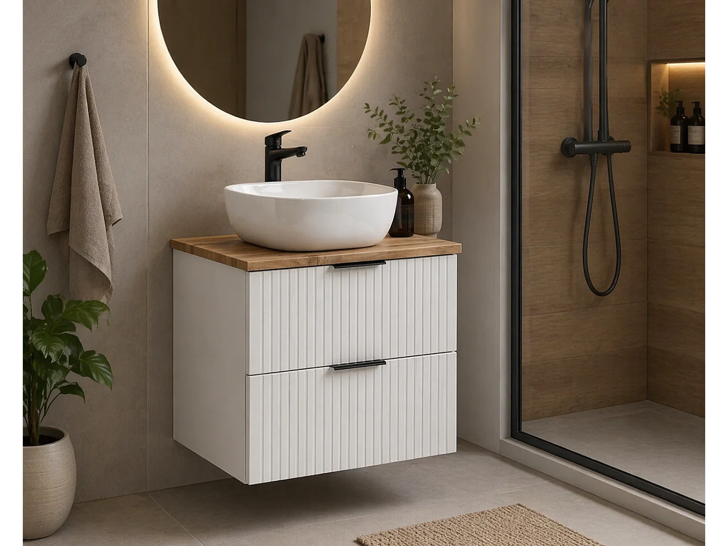 Bathroom Vanity Sink Unit 600mm Countertop Wall Cabinet Ribbed Fluted White Drawers Oak Effect Worktop Adel
