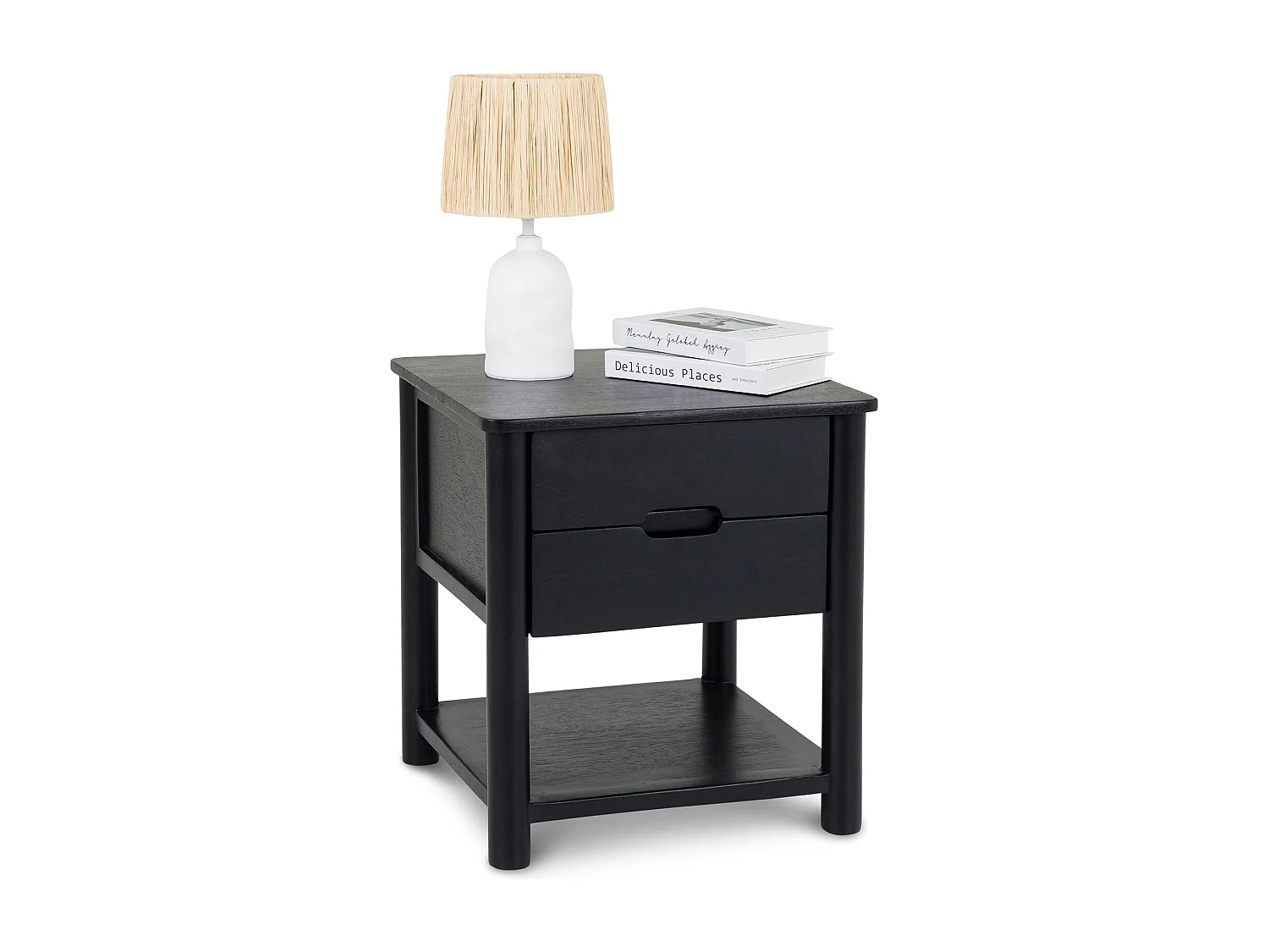 Table de Chevet FADRI, 2 Tiroirs et 1 Étagère en Bois Massif Noir, Design Élégant, Table de Nuit avec Niche Ouverte pour Rangement