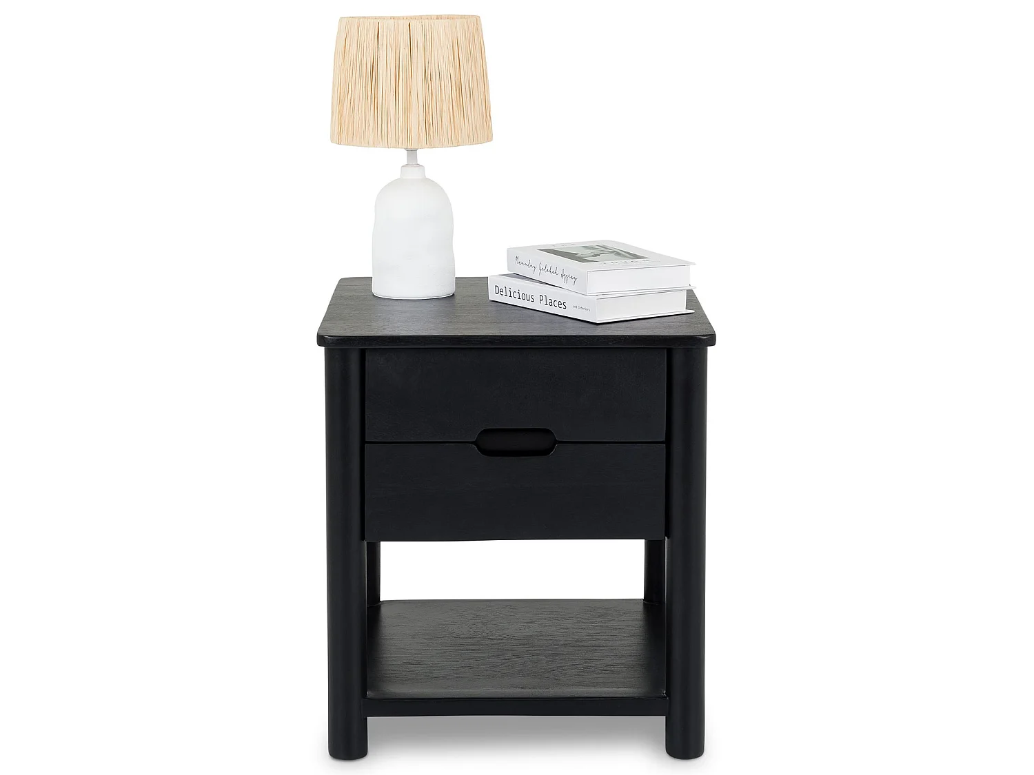 Table de Chevet FADRI, 2 Tiroirs et 1 Étagère en Bois Massif Noir, Design Élégant, Table de Nuit avec Niche Ouverte pour Rangement