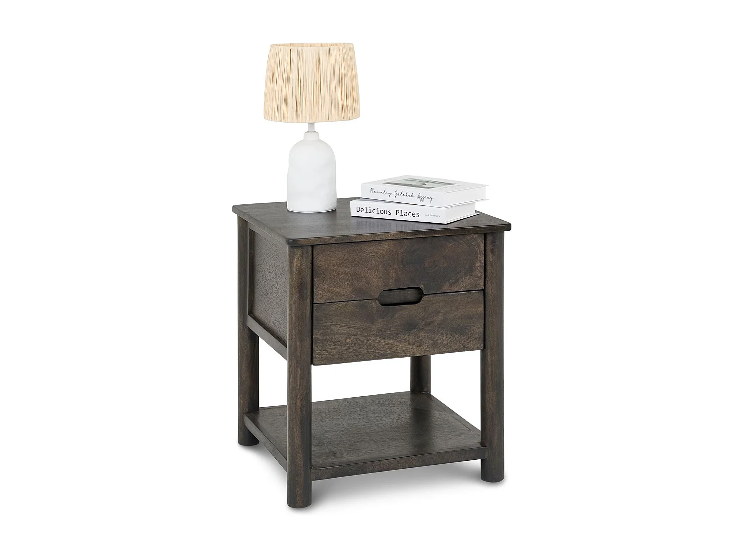 Table de Chevet FADRI, 2 Tiroirs et 1 Étagère en Bois Massif Brun, Design Élégant, Table de Nuit avec Niche Ouverte pour Rangement