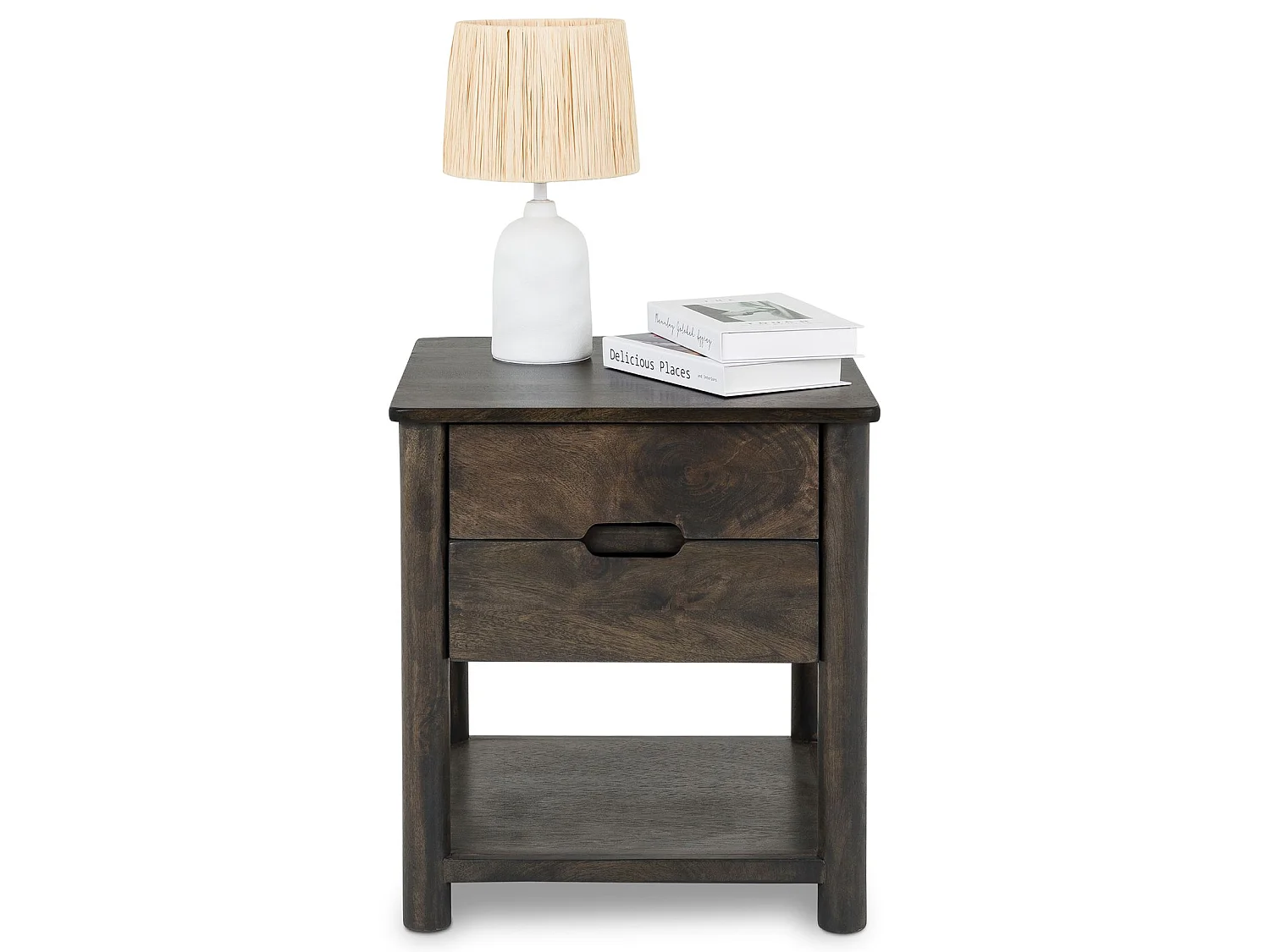 Table de Chevet FADRI, 2 Tiroirs et 1 Étagère en Bois Massif Brun, Design Élégant, Table de Nuit avec Niche Ouverte pour Rangement