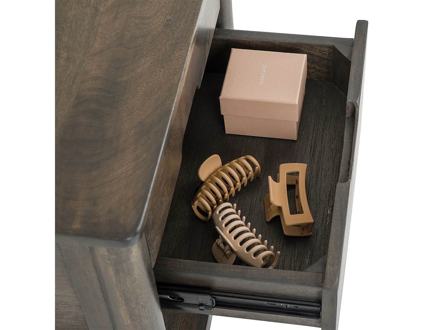 Table de Chevet FADRI, 2 Tiroirs et 1 Étagère en Bois Massif Brun, Design Élégant, Table de Nuit avec Niche Ouverte pour Rangement