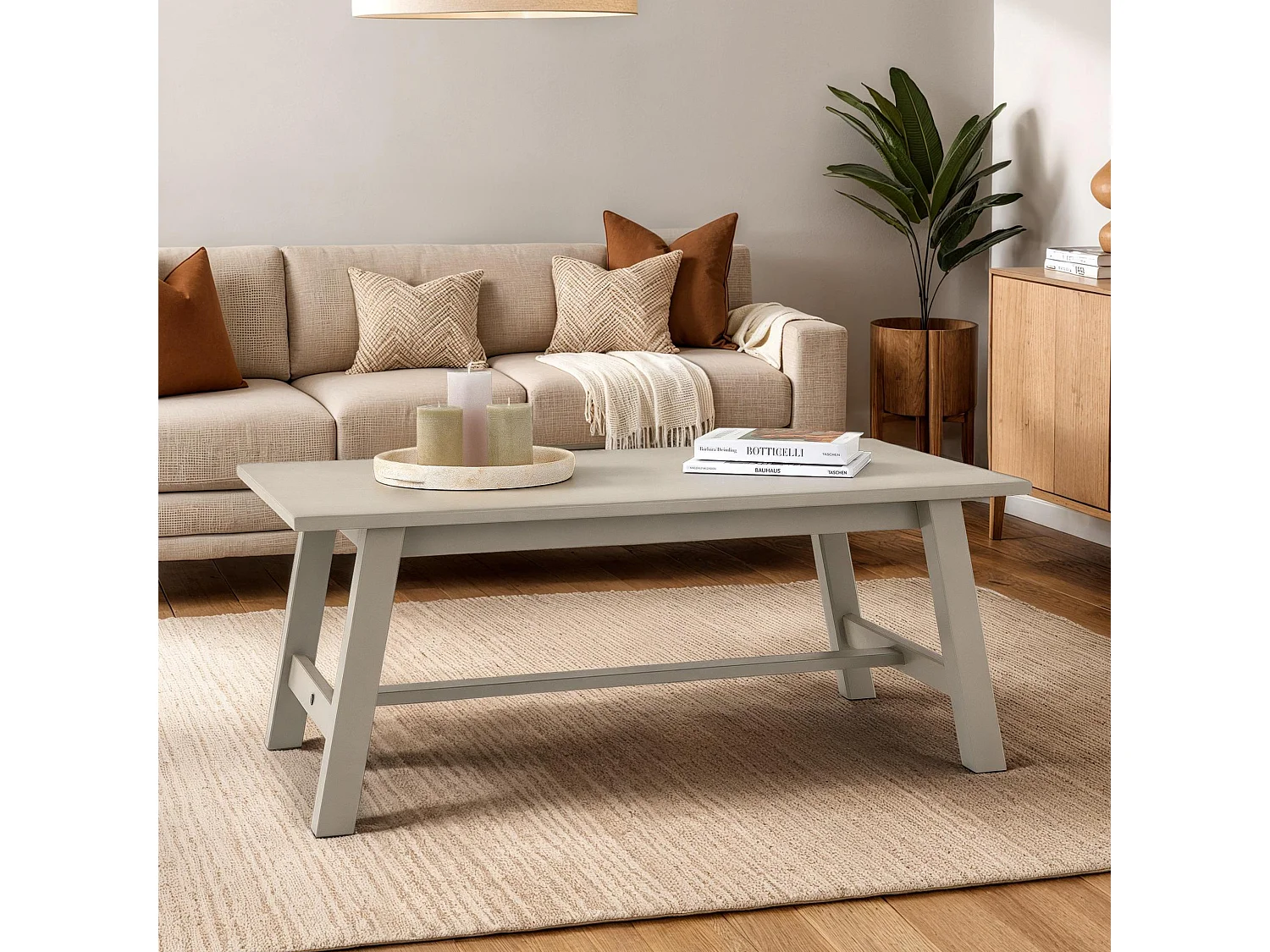Table basse LUZERNA rectangulaire pour salon en bois massif gris, 110 x 45 cm, design moderne minimaliste, pieds en bois