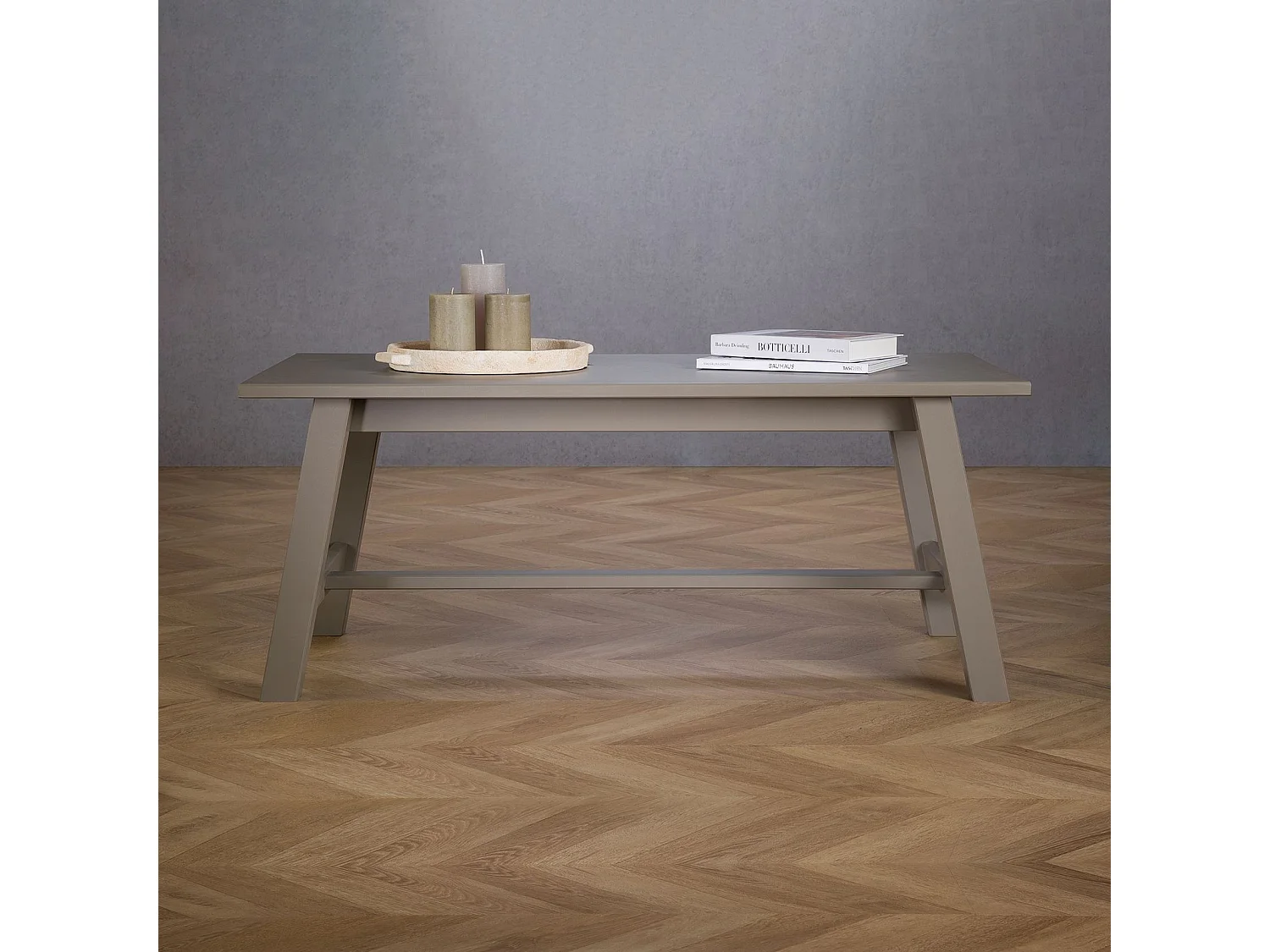 Table basse LUZERNA rectangulaire pour salon en bois massif gris, 110 x 45 cm, design moderne minimaliste, pieds en bois
