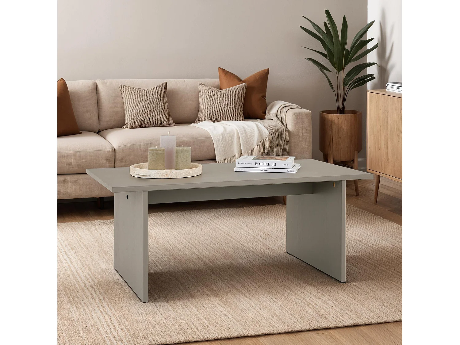 Table basse SALTO rectangulaire pour salon en bois massif gris, 110x45 cm, élégante et minimaliste, pieds en bois