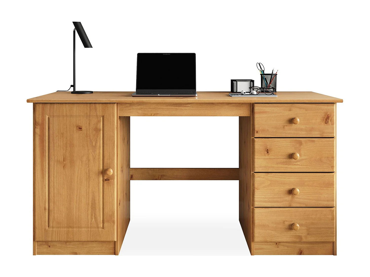 Bureau MANAGER L 145 cm en bois massif,  coloris chêne, espace de rangement avec 4 tiroirs et 1 placard