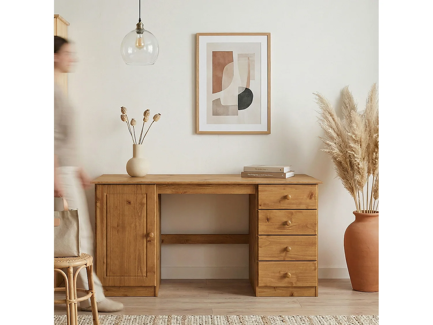Bureau MANAGER L 145 cm en bois massif,  coloris chêne, espace de rangement avec 4 tiroirs et 1 placard