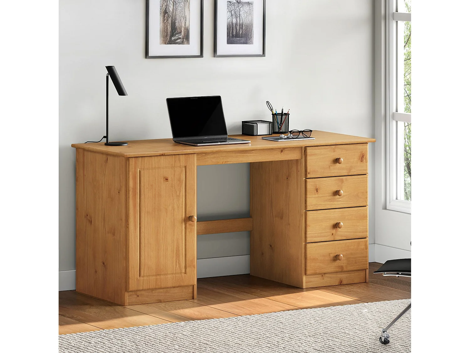 Bureau MANAGER L 145 cm en bois massif,  coloris chêne, espace de rangement avec 4 tiroirs et 1 placard