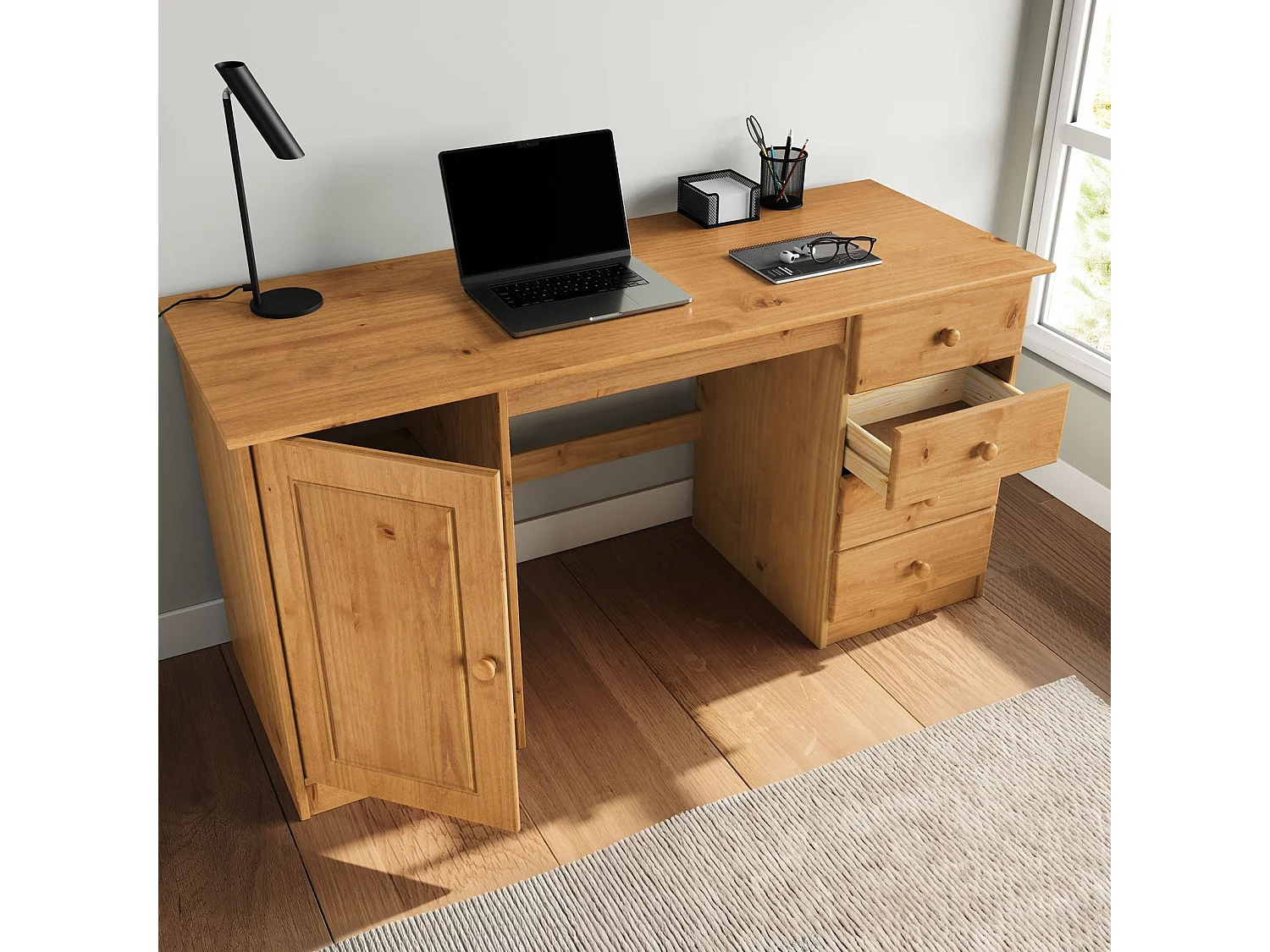 Bureau MANAGER L 145 cm en bois massif,  coloris chêne, espace de rangement avec 4 tiroirs et 1 placard