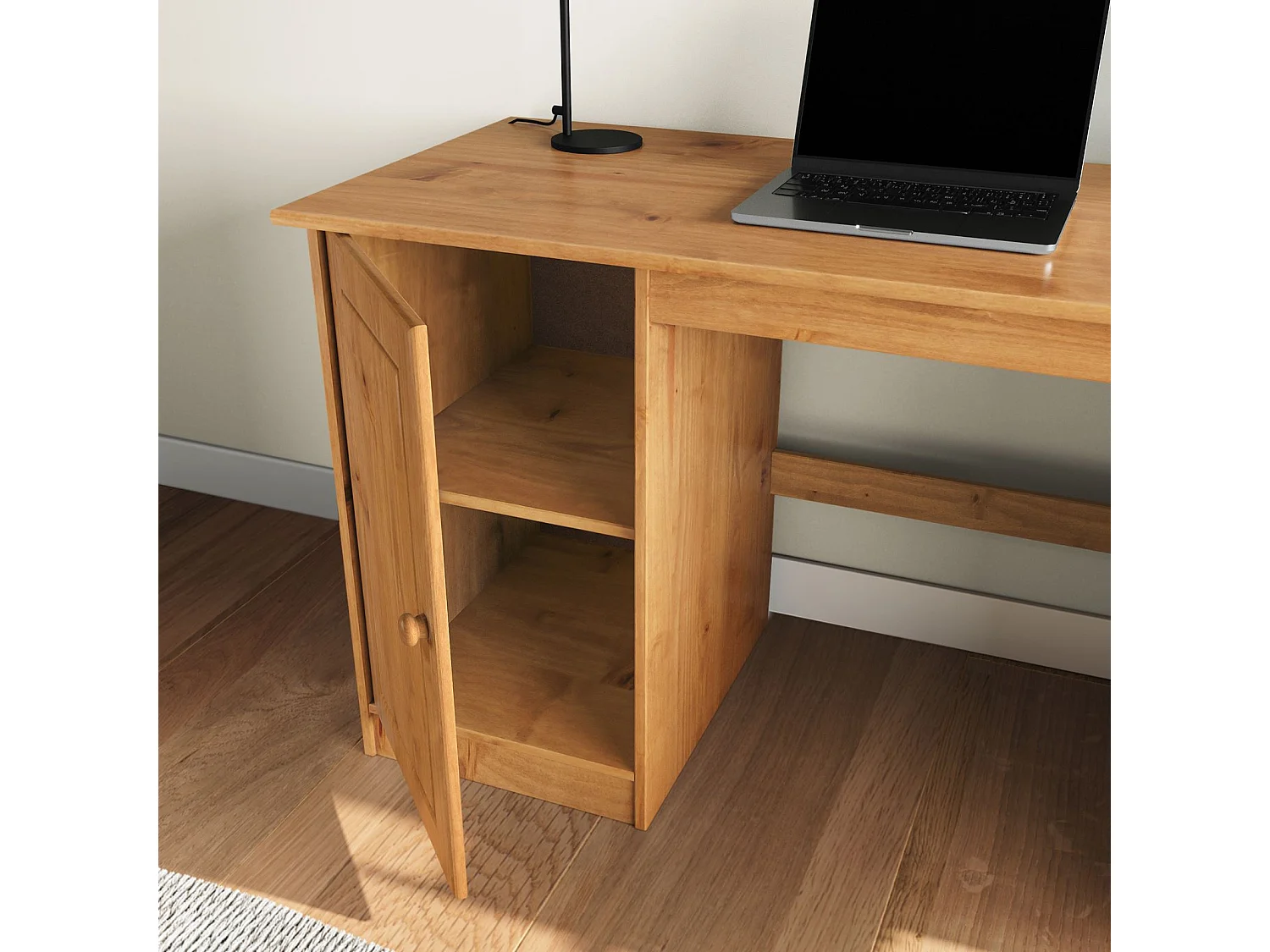 Bureau MANAGER L 145 cm en bois massif,  coloris chêne, espace de rangement avec 4 tiroirs et 1 placard