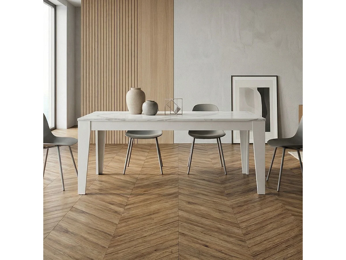 Table de repas 160cm laqué blanche plateau marbré pieds biseautés design  - CARAT