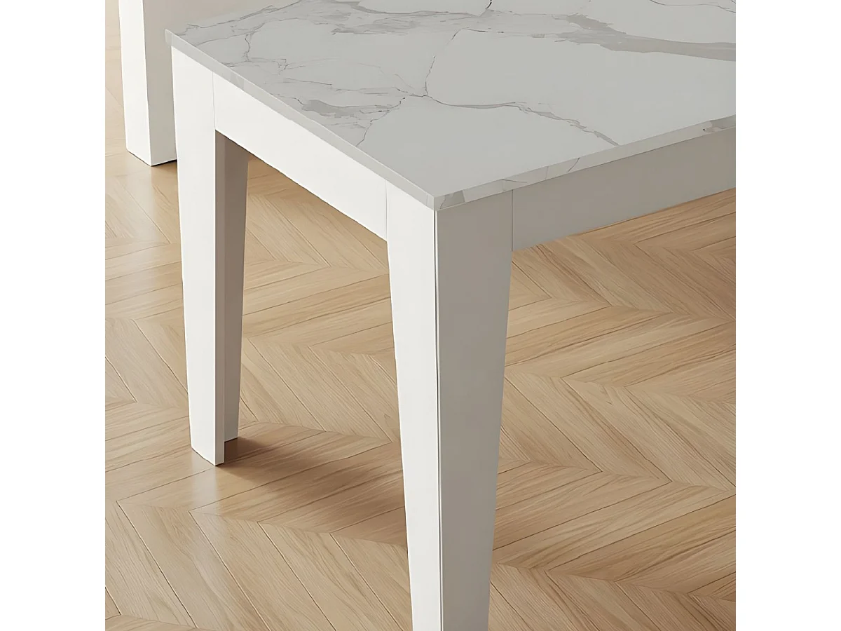 Table de repas 160cm laqué blanche plateau marbré pieds biseautés design  - CARAT