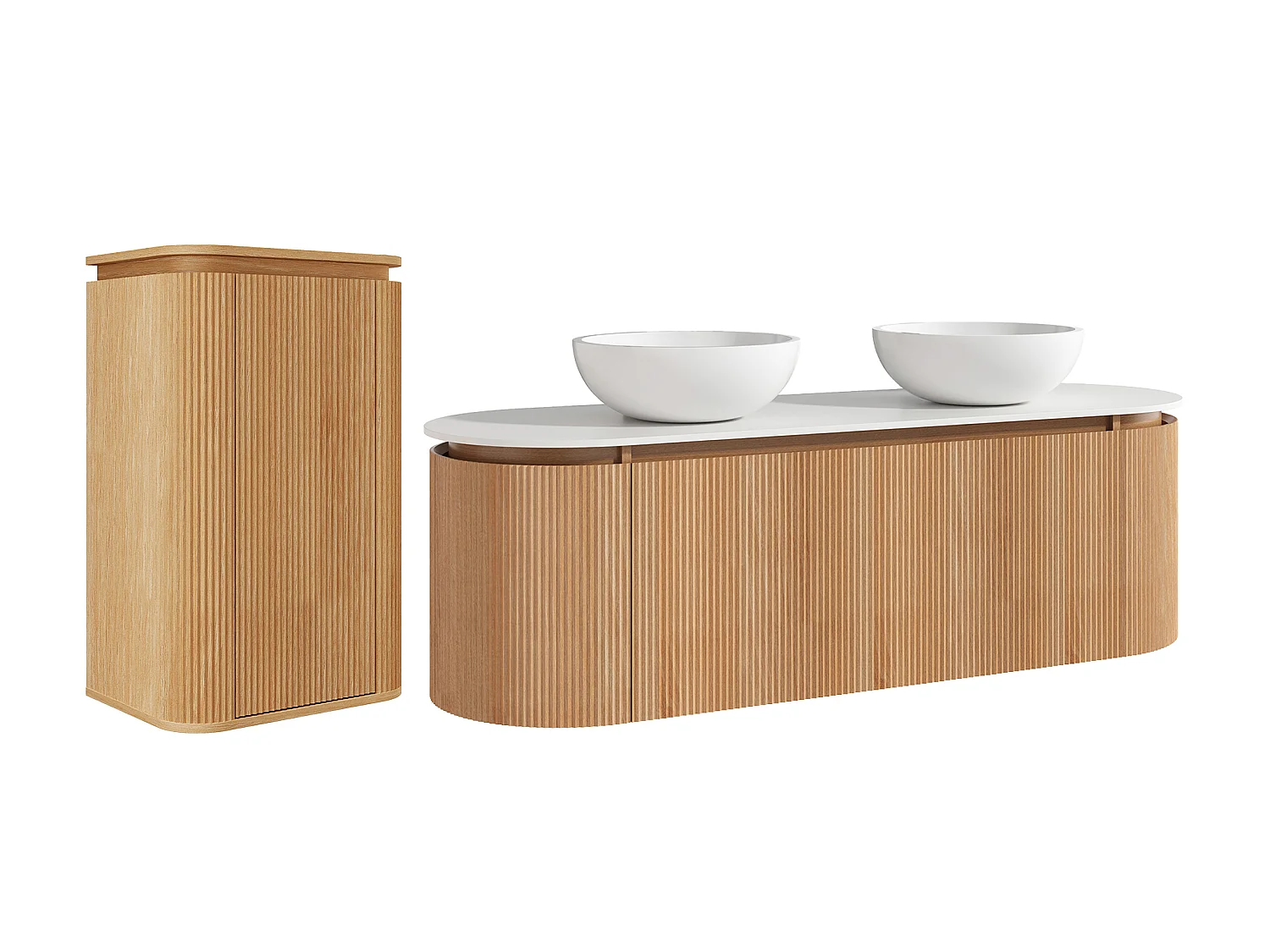 Meuble de salle de bain suspendu strié en bois de frêne avec double vasque à poser en solid surface et colonne – Naturel clair - 180 cm - LILIKO