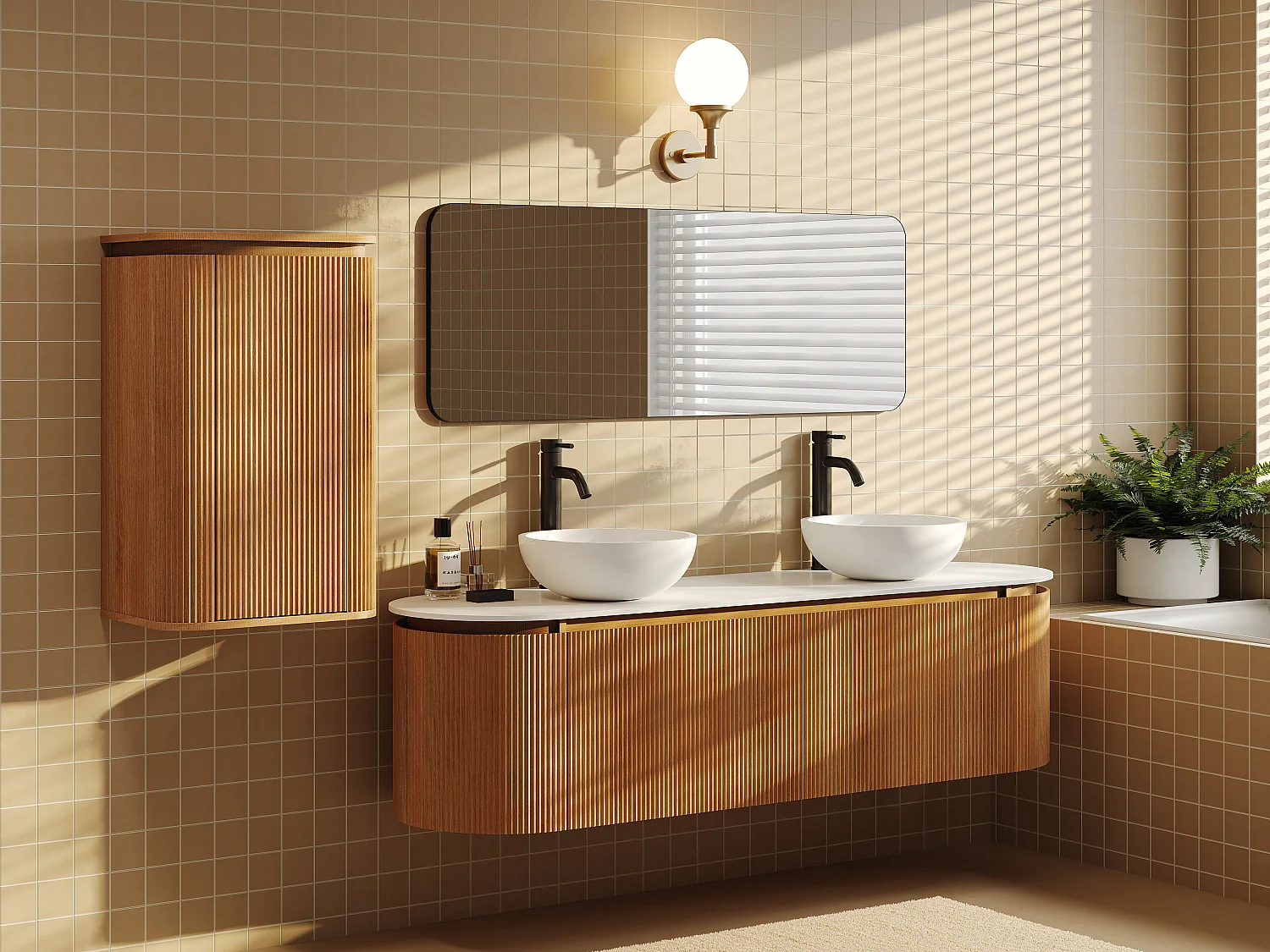 Meuble de salle de bain suspendu strié en bois de frêne avec double vasque à poser en solid surface et colonne – Naturel clair - 180 cm - LILIKO