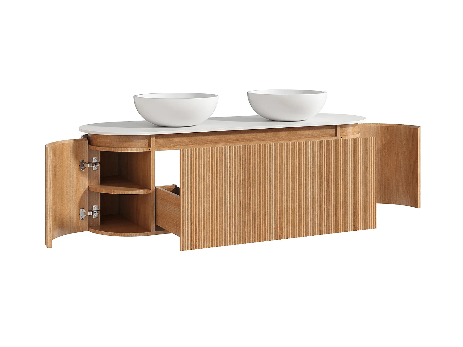 Meuble de salle de bain suspendu strié en bois de frêne avec double vasque à poser en solid surface et colonne – Naturel clair - 150 cm - LILIKO