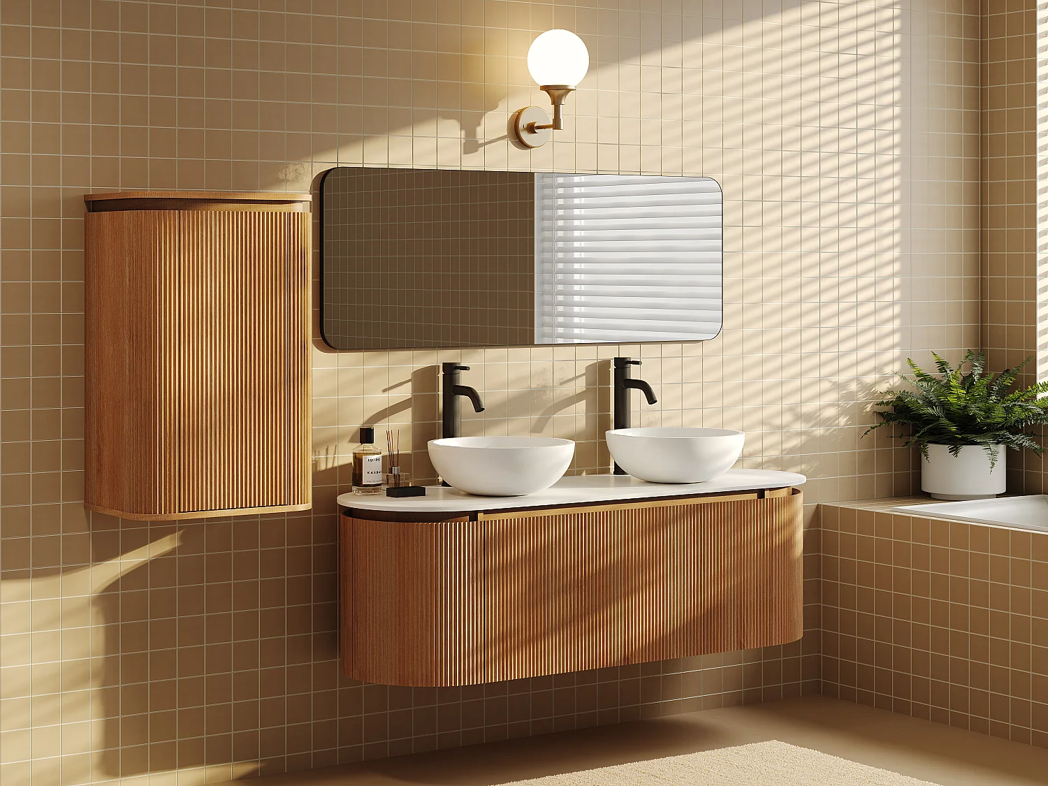 Meuble de salle de bain suspendu strié en bois de frêne avec double vasque à poser en solid surface et colonne – Naturel clair - 150 cm - LILIKO