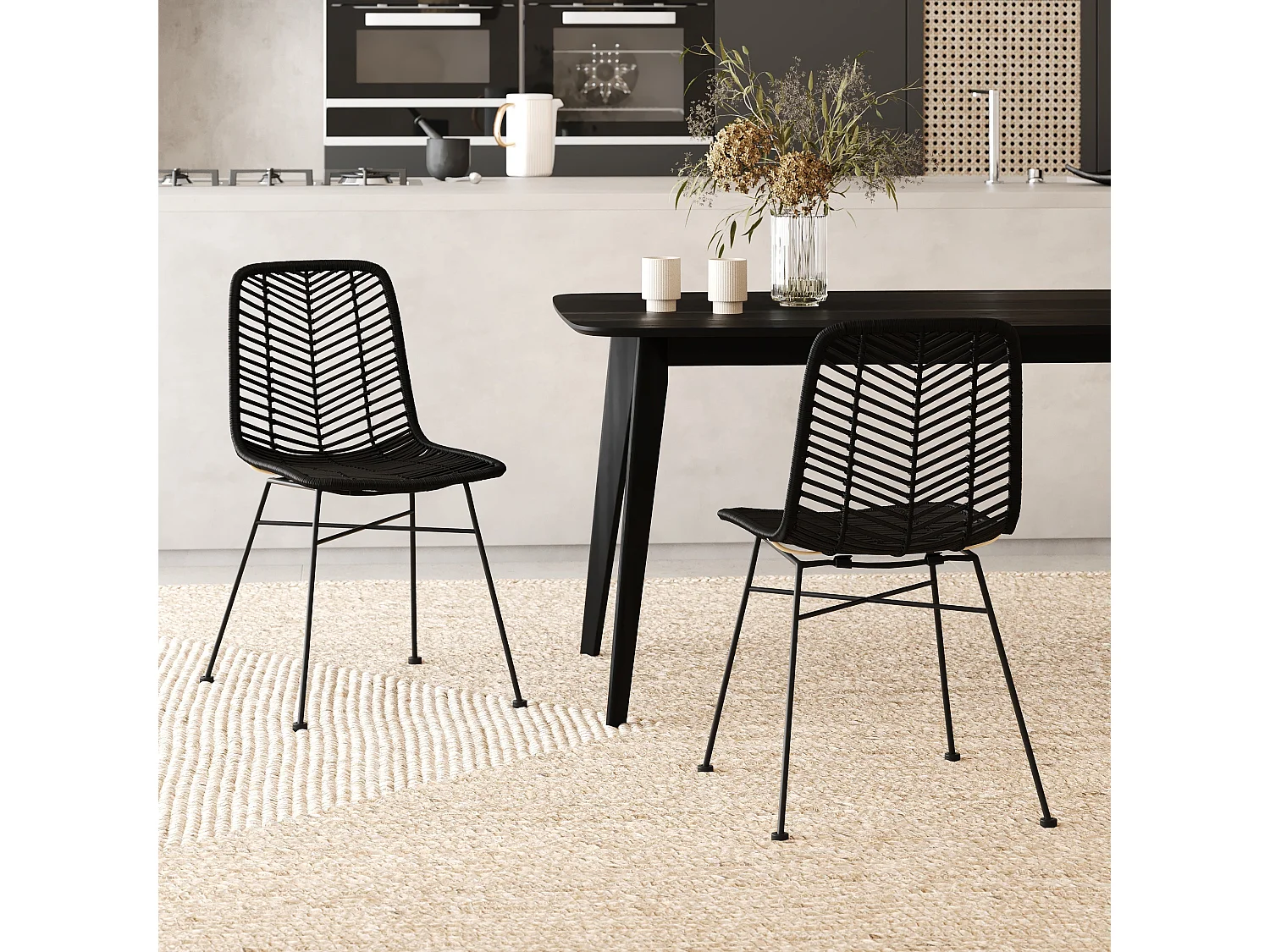 Lot de 2 chaises en rotin et pieds en métal noir - Tamara