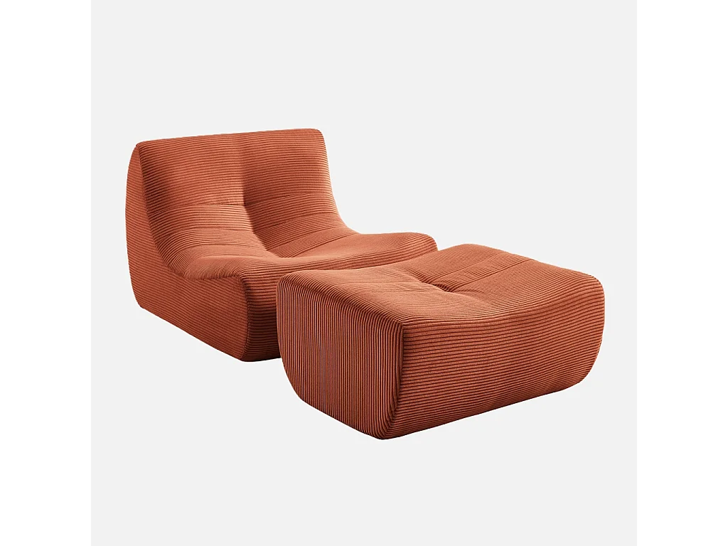 Sillón de terciopelo de pana fina con reposapiés terracota