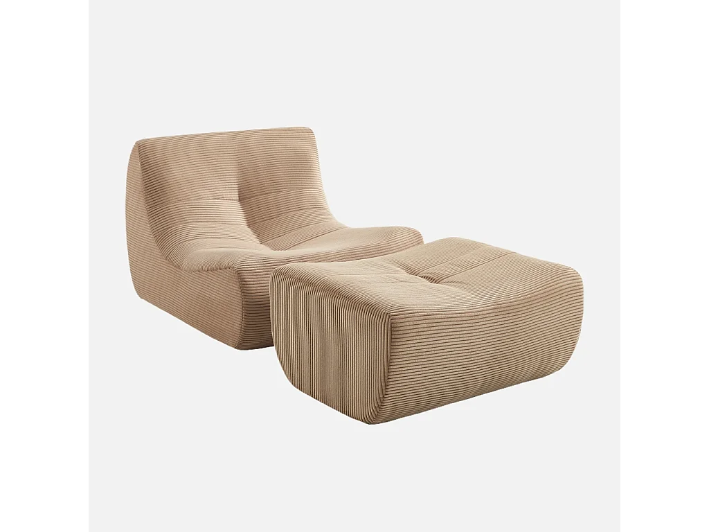 Sillón de terciopelo de pana fina con reposapiés beige oscuro
