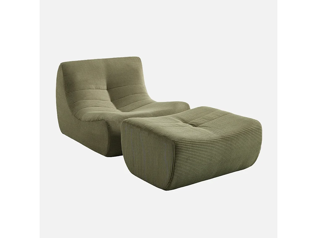 Sillón de terciopelo de pana fina con reposapiés verde kaki