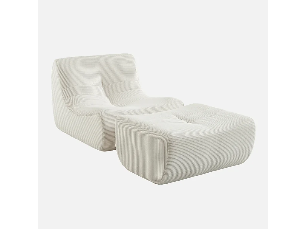 Sillón de terciopelo de pana fina con reposapiés crema