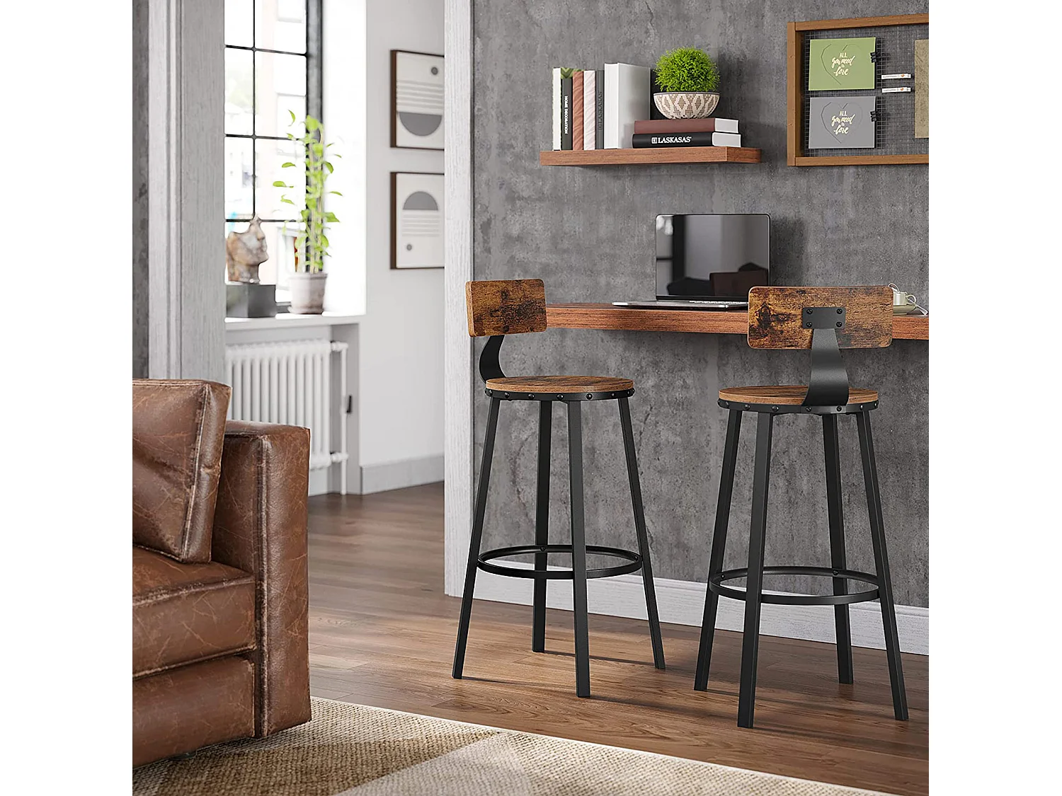 Tabouret de bar 49,5x49,5x63 cm noir brun rustique