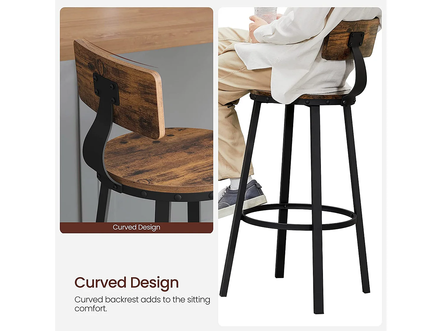 Tabouret de bar 49,5x49,5x63 cm noir brun rustique