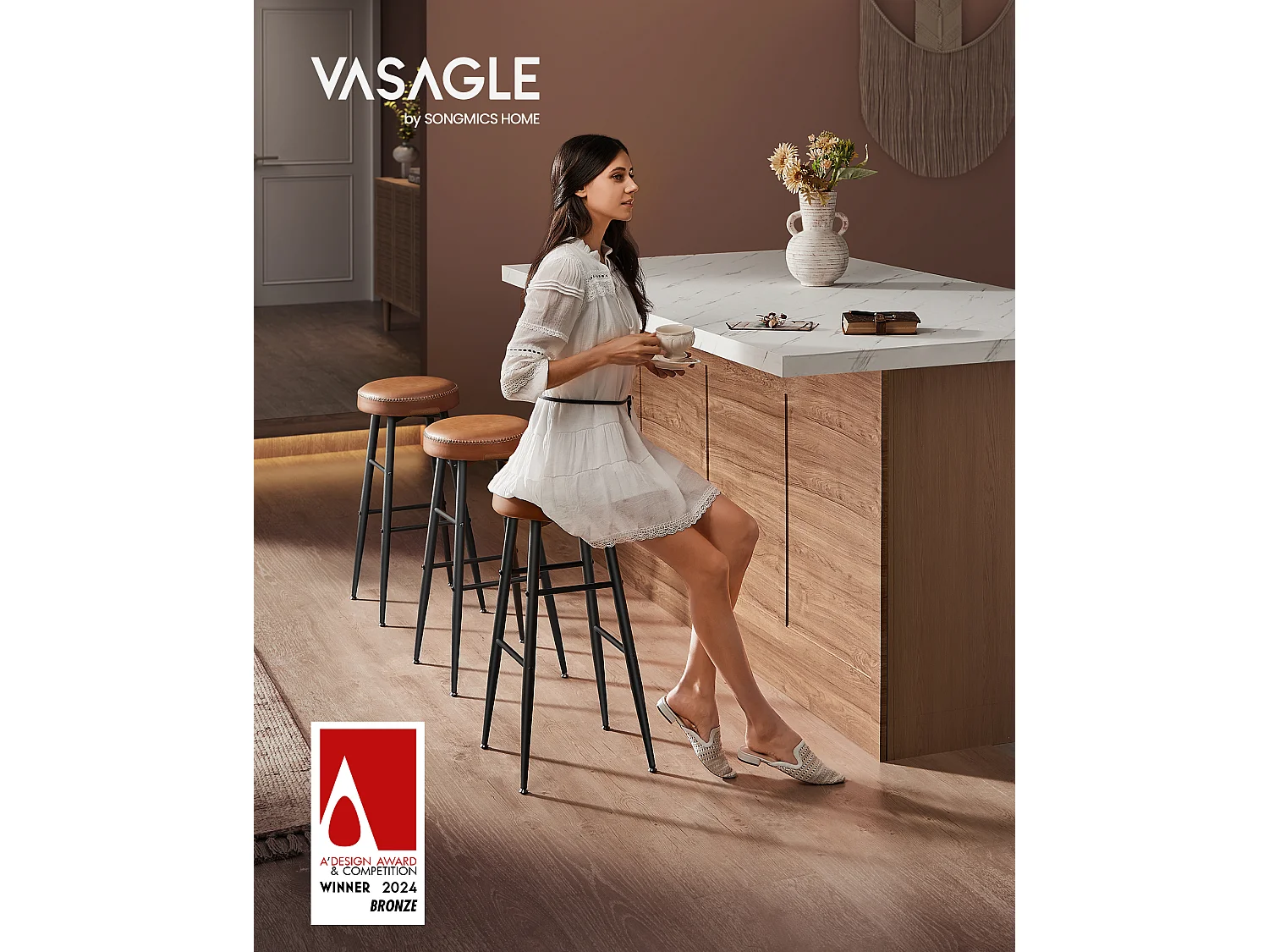 Tabouret de bar 51,6x51,6x75 cm caramel brun collection Echo